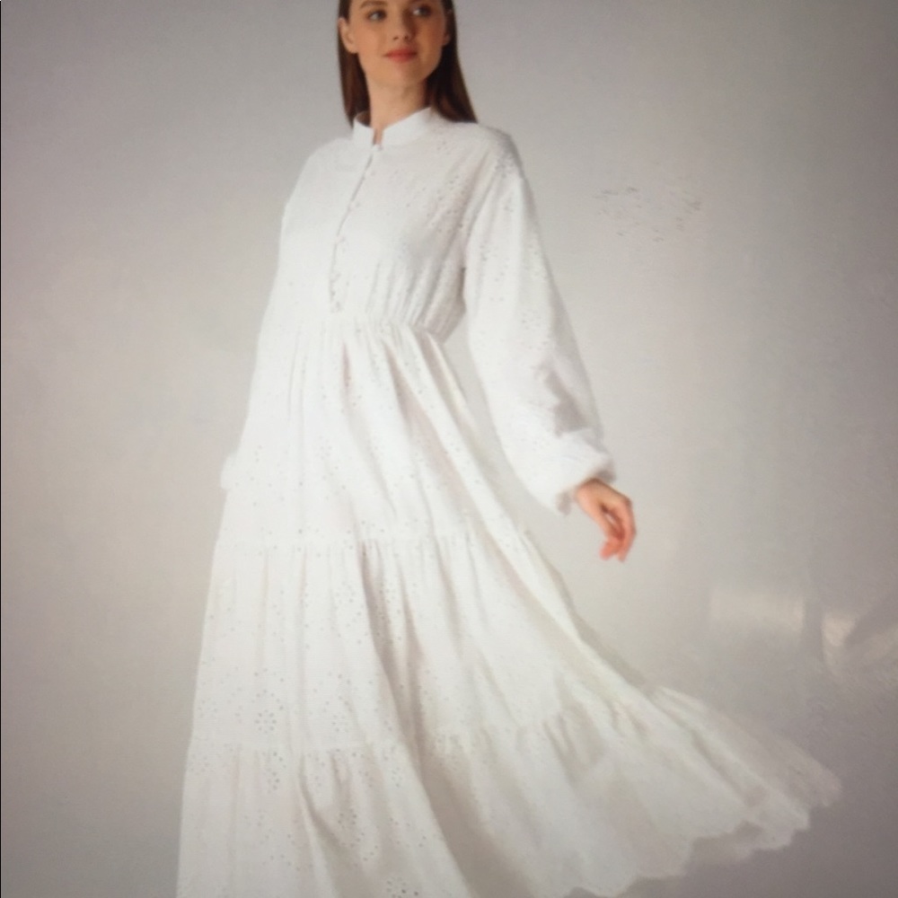 White long sleeve eyelet maxi dress.